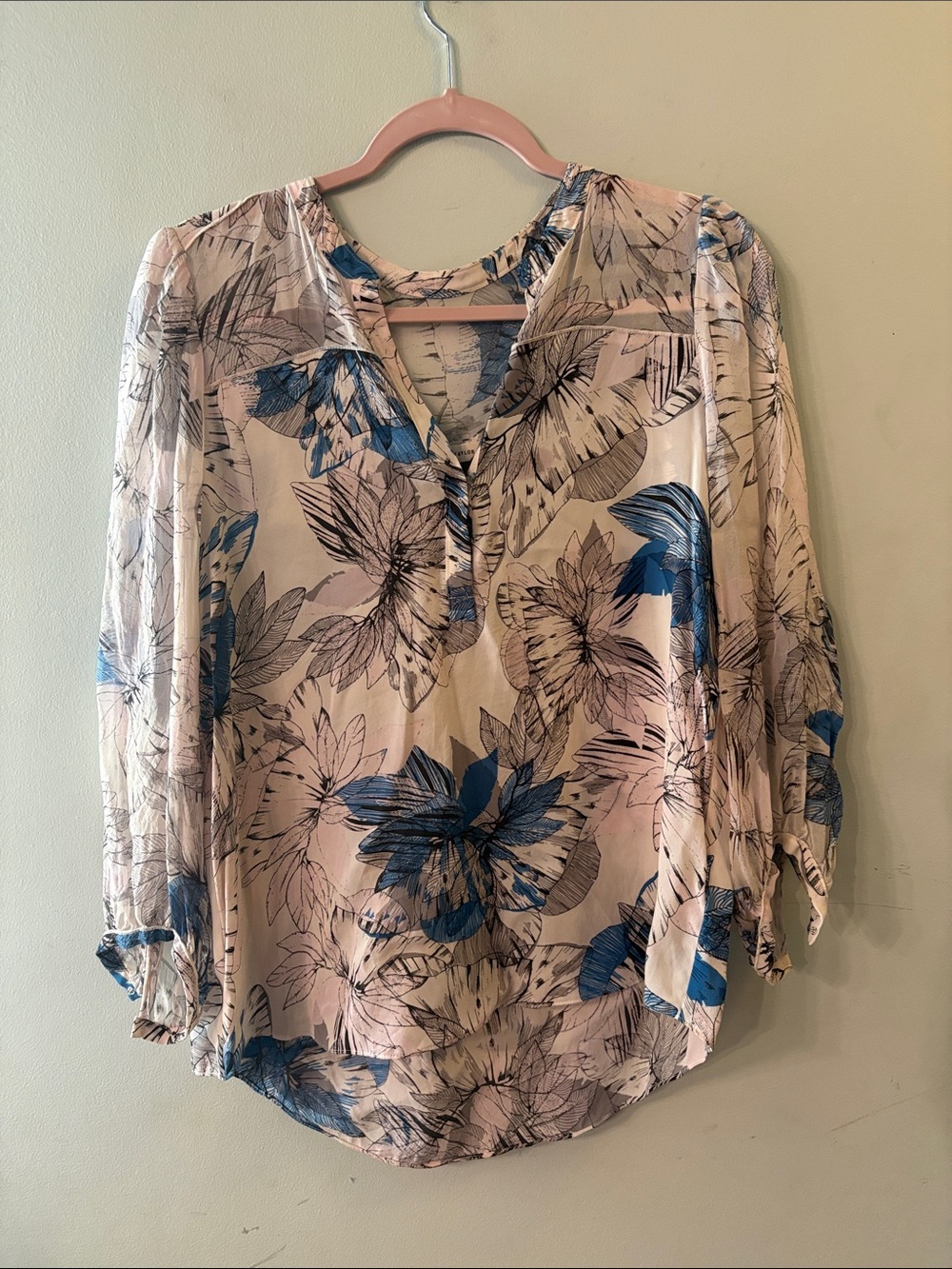 Rebecca Taylor Silk Cream Blouse with Blue Floral Print Size 4